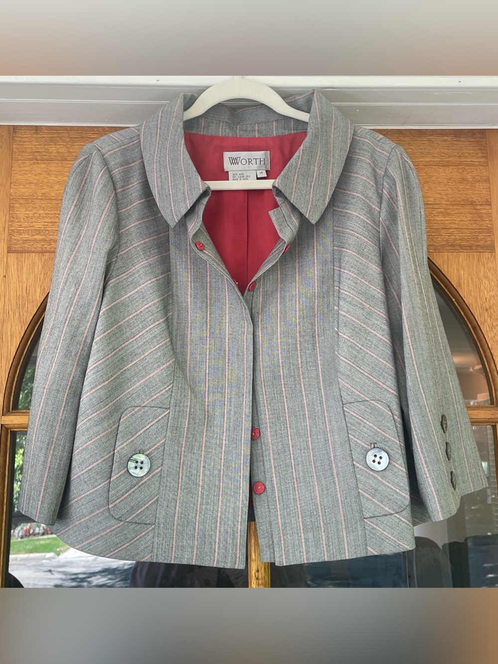 Worth New York Heather Grey Red Striped Suit Blazer Wool Size 14